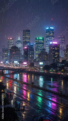 Vibrant Cityscape At Night With Wet Reflections Neon Lights Under Starry Sky