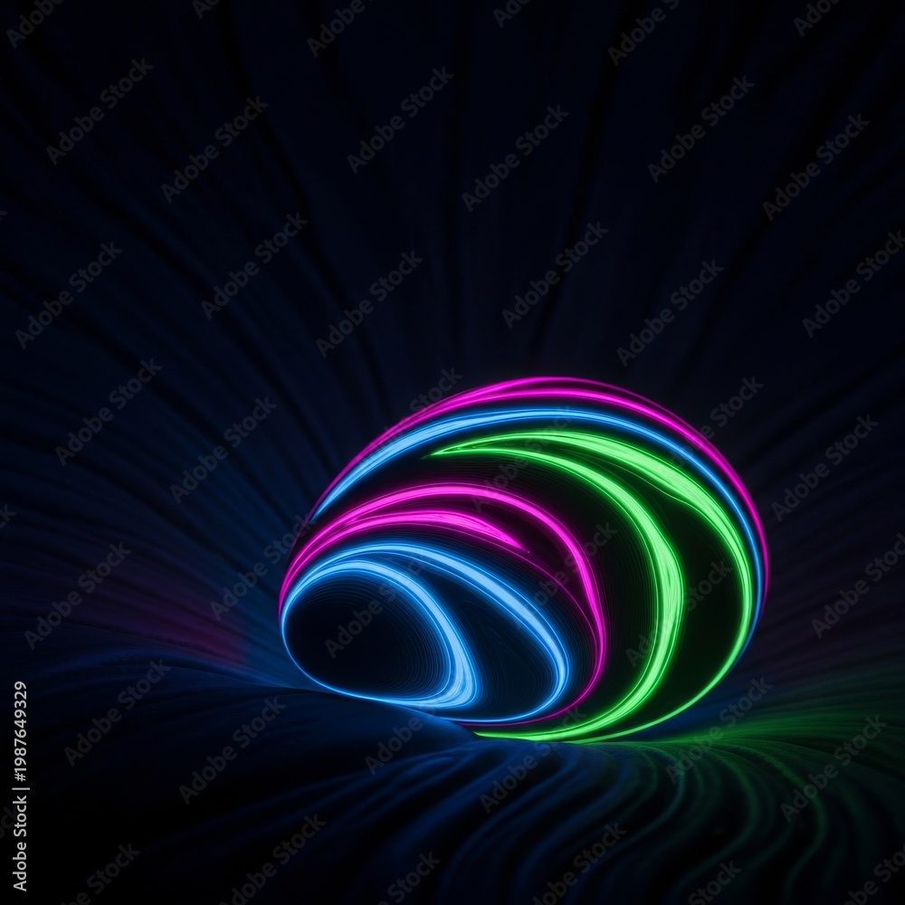 Naklejka premium Vibrant bioluminescent patterns swirl across a smooth organic form, emitting a soft neon glow that illuminates dark intricate textures, sparkle, abstract, shimmer