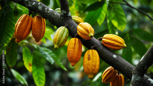 A close-up photograph of ripe cacao pods hanging from a tree branch surrounded by green leaves in a tropical garden with lush vegetation and natural sunlight filtering through.