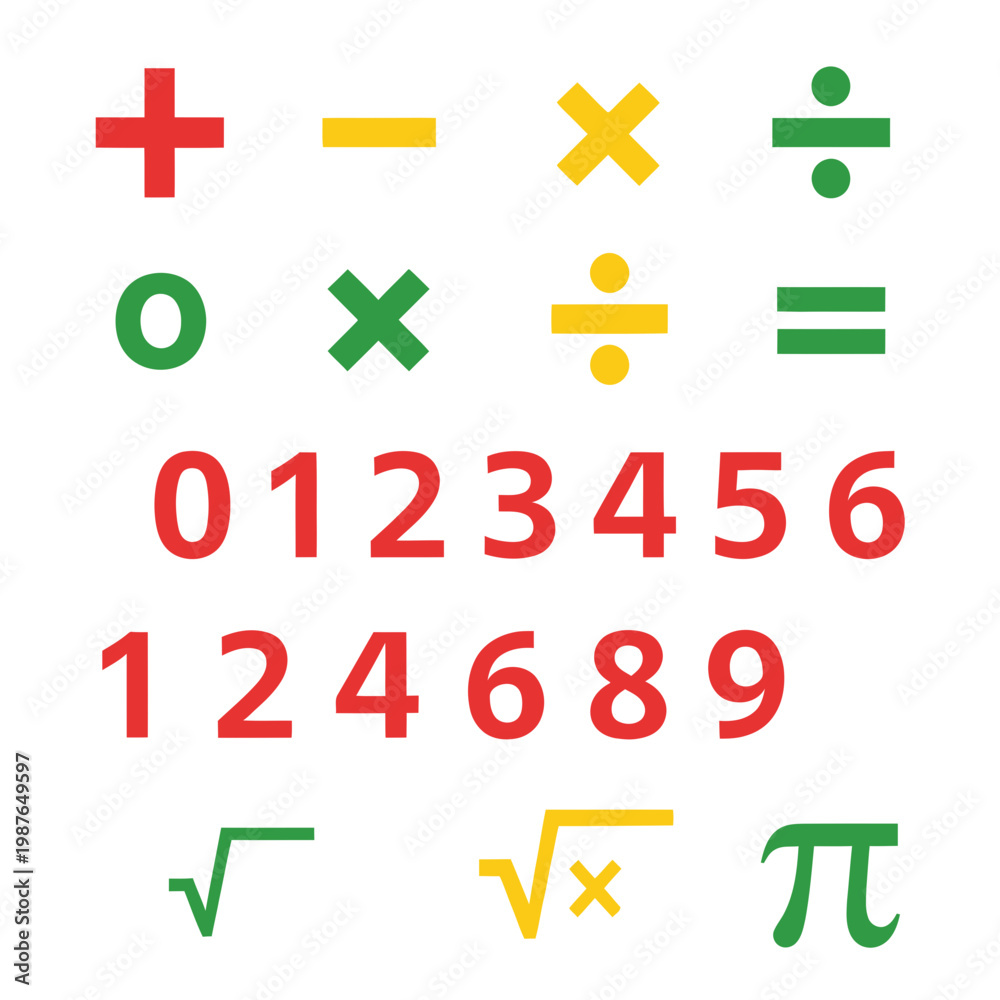 Fototapeta premium Colorful Math Symbols and Numbers: Addition, Subtraction, Multiplication, Division, Pi, Square Root
