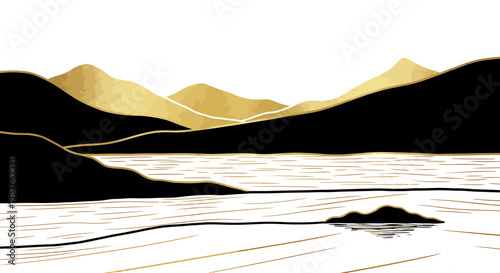 Minimalist Black and Gold Mountain Landscape Vector Illustration