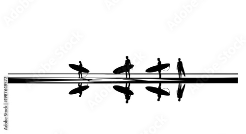 Silhouettes of Surfers with Surfboards at the Beach with Reflection