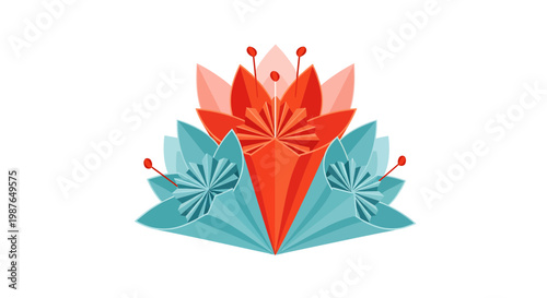 Origami Style Paper Flowers Vector Illustration on White Background