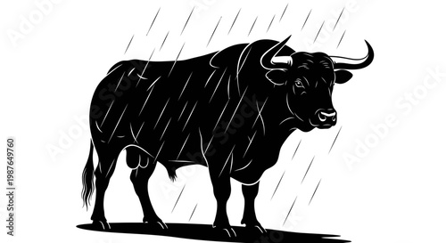 Strong Bull Standing in the Rain Vector Illustration