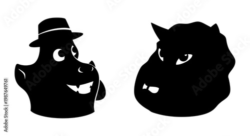 Two Funny Monster Silhouette Faces Vector Illustration