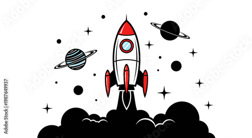Cartoon Rocket Ship Launching Into Outer Space Vector Illustration