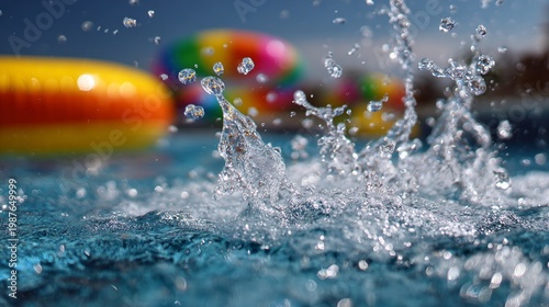 Splashing water with colorful pool floats in a summer swimming pool, vibrant and playful scene for advertising and social media content, vibrant, colorful, playful, refreshing, advertising