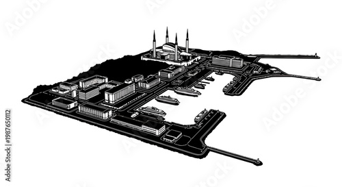Vector Illustration of a Port City with Mosque and Harbor