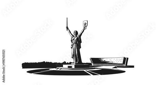 Motherland Monument Kyiv Ukraine Black and White Vector Illustration