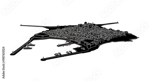 Mediterranean Harbor City Silhouette Vector Illustration
