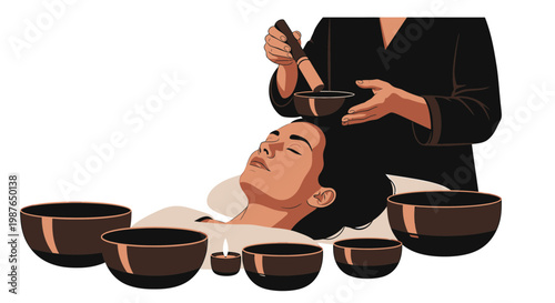 Sound Healing Therapy with Tibetan Singing Bowls Vector Illustration