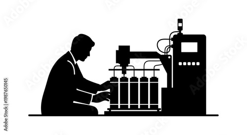 Engineer Operating High Tech Industrial Machine Silhouette