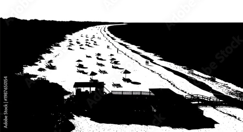 Black and white vector illustration of a summer beach resort coastline