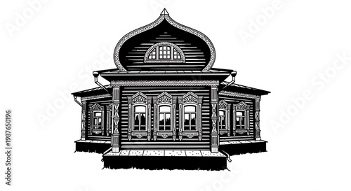 Intricate Traditional Russian Wooden House Illustration with Carvings