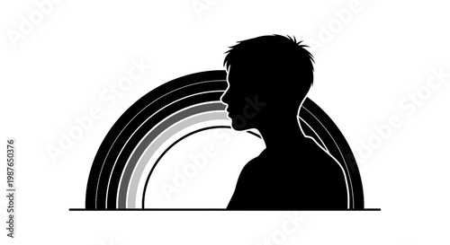 Silhouette of Boy Profile with Monochrome Rainbow Vector