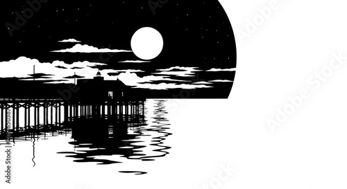 Night Pier Silhouette with Full Moon and Starry Sky Illustration