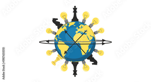 Global Strategic Planning Illustration with Chess Pieces and Ideas