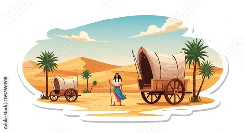 Tapety artystyczne 広大な砂漠の砂丘を背景にヤシの木が点在する中を幌馬車と共に旅する女性の姿 暖かな太陽の光が旅路を優しく包み込み希望に満ちた冒険心を掻き立てる美しいフラットイラスト. AI Generated