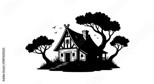 Monochrome Silhouette of a Rustic Cottage Surrounded by Trees