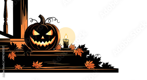 Spooky Halloween Jack O Lantern and Candle on Porch Steps Illustration