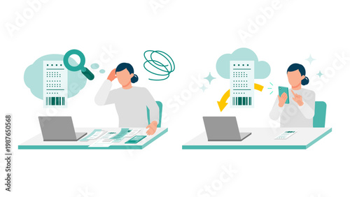 Woman scanning receipts with mobile phone for household budget management using automated AI tracking to solve financial stress with digital calculation and expense visualization.