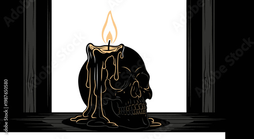 Minimalist Vector Illustration of a Black Skull with Burning Candle