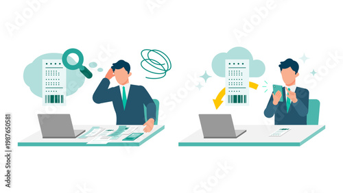 Businessman using smartphone for receipt scanning and expense reimbursement with OCR AI technology comparison showing workflow optimization and automated data entry for business process efficiency.