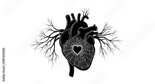 Gothic anatomical heart vector with spider web and tree branches