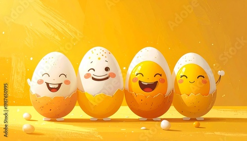 Four anthropomorphic egg characters with happy faces, cracked open to show their yolk insides. Bright yellow background