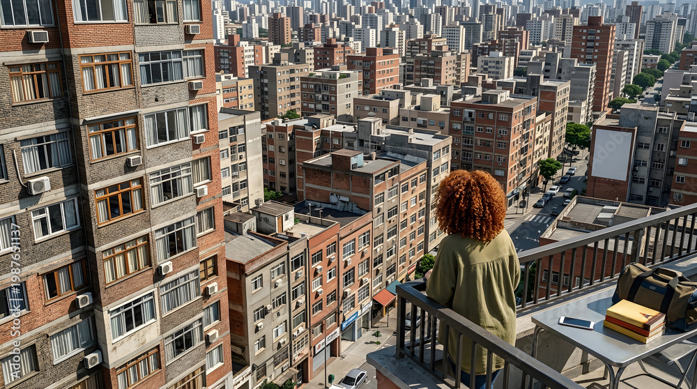 Obraz premium Woman with curly hair overlooking a dense urban cityscape