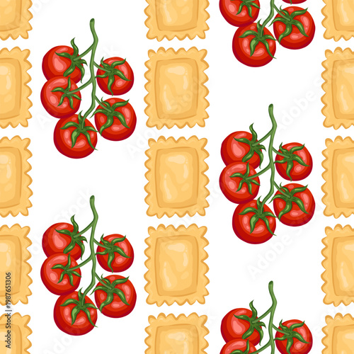 Tomato cherry and ravioli vector seamless pattern. Hand drawn pasta on white background. Italian food for restaurant menu design. Organic kitchen ornament for retro wallpaper and product packaging.