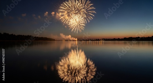 夜空に鮮やかに咲く花火が湖面に美しく反射し幻想的な夏の夜を彩る光景. AI Generated