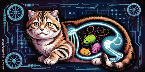 Futuristic cyber cat anatomy illustration with glowing skeleton and colorful toy mice on dark technology circuit background