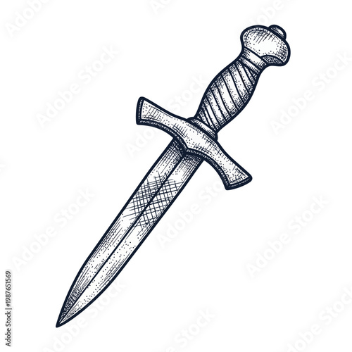 Vintage dagger illustration, hand-drawn antique weapon, sketch style, isolated on white