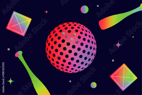 Retro futuristic neon sports illustration featuring a floating perforated ball bats and diamond shapes on a dark starry grainy background