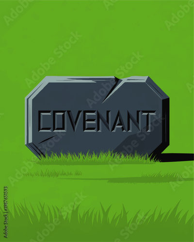 Broken covenant stone monument in green field, conceptual illustration of betrayal, promise, agreement, trust and conflict