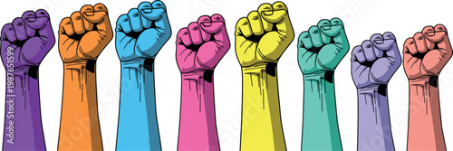 Colorful Raised Fist Symbol Set in Various Bright Colors for Empowerment, Activism, and Social Justice IllustrationsColorful Raised Fist Symbol Set in Various Bright Colors for Empowerment, Activism