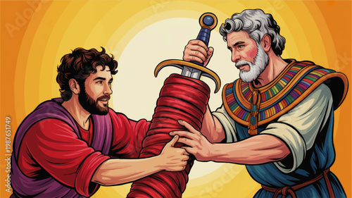 Biblical Illustration of Moses Holding Bronze Serpent Staff with Young Man, Colorful Religious Story Scene on Golden Background