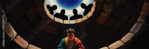 Person at Bottom of Deep Stone Well Looking Up at Silhouetted Figures Above, Dramatic Light, Mystery, Isolation, Digital Painting