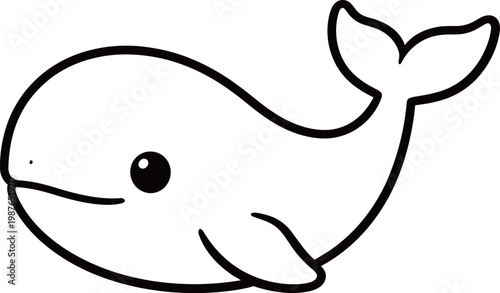 Simple line drawing of a cartoon whale with a friendly expression