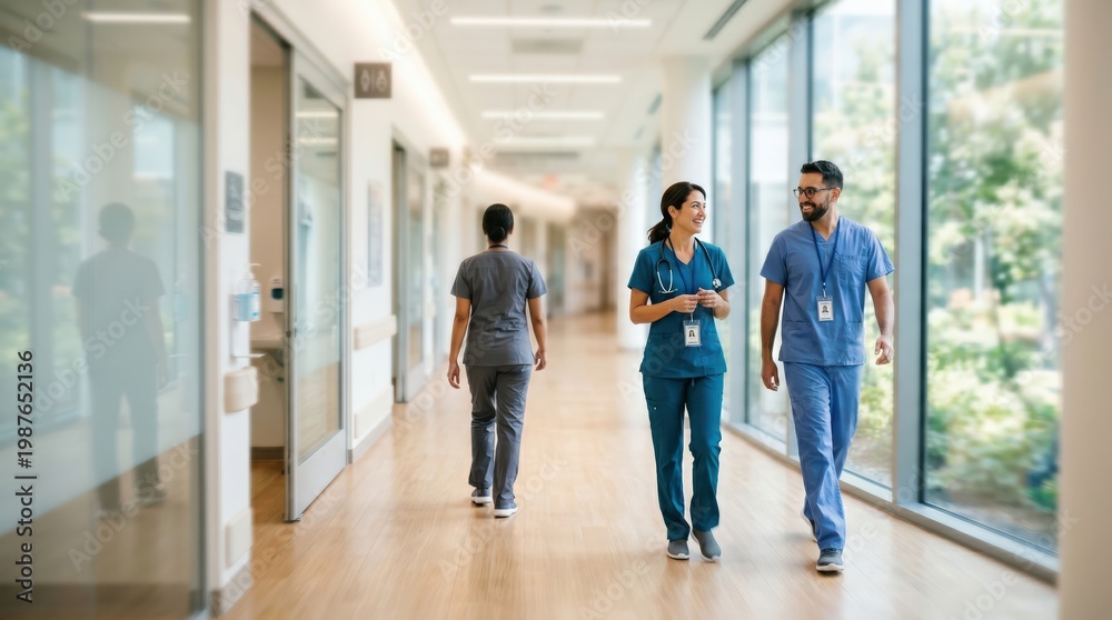 Fototapeta premium Two healthcare workers walking and talking in hospital hallway