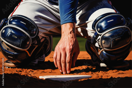 Baseball catcher crouching behind home plate with protective gear and hand on dirt, dramatic close up sports action illustration