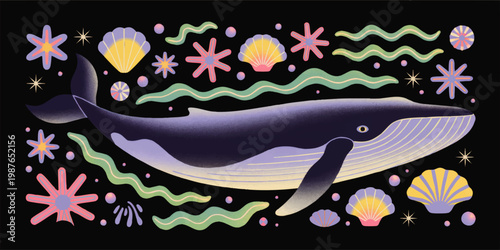 Colorful whimsical whale illustration with seashells, stars and waves on Black background, dreamy ocean fantasy art
