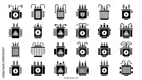 A set of black silhouette illustrations depicts industrial machinery and equipment.