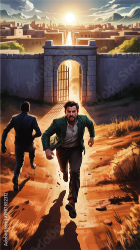 Dramatic desert escape illustration with two men running from open stone gate toward ancient city at sunrise