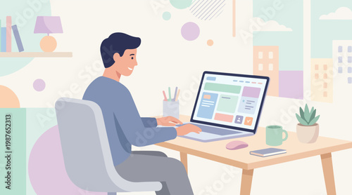 Young man efficiently working on a laptop from his modern home office, engaged in remote work, web design, and digital content creation, emphasizing productivity