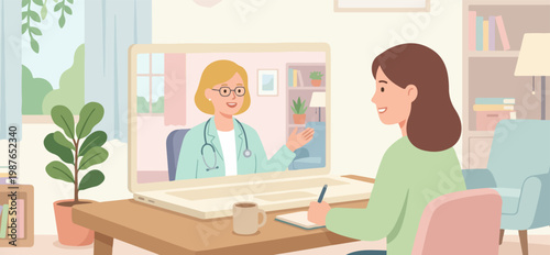 Online consultation with a doctor via video call on a laptop for remote healthcare