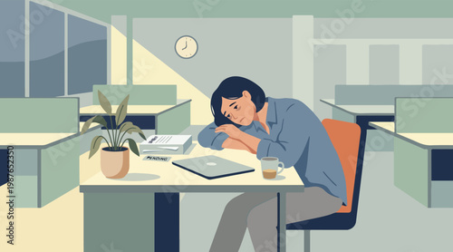 Overworked professional finding a moment of rest, head on desk in a quiet office, illustrating workplace fatigue, burnout, and the importance of mental well-being