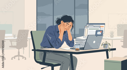 Overwhelmed office worker experiencing burnout and stress due to demanding workload and numerous tasks, feeling the pressure of deadlines in a modern office environment