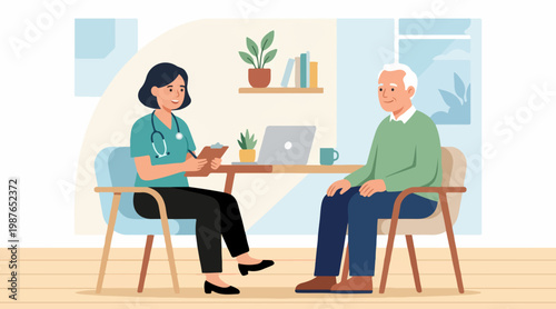 Doctor consulting an elderly male patient in a modern medical office setting, discussing health and well-being